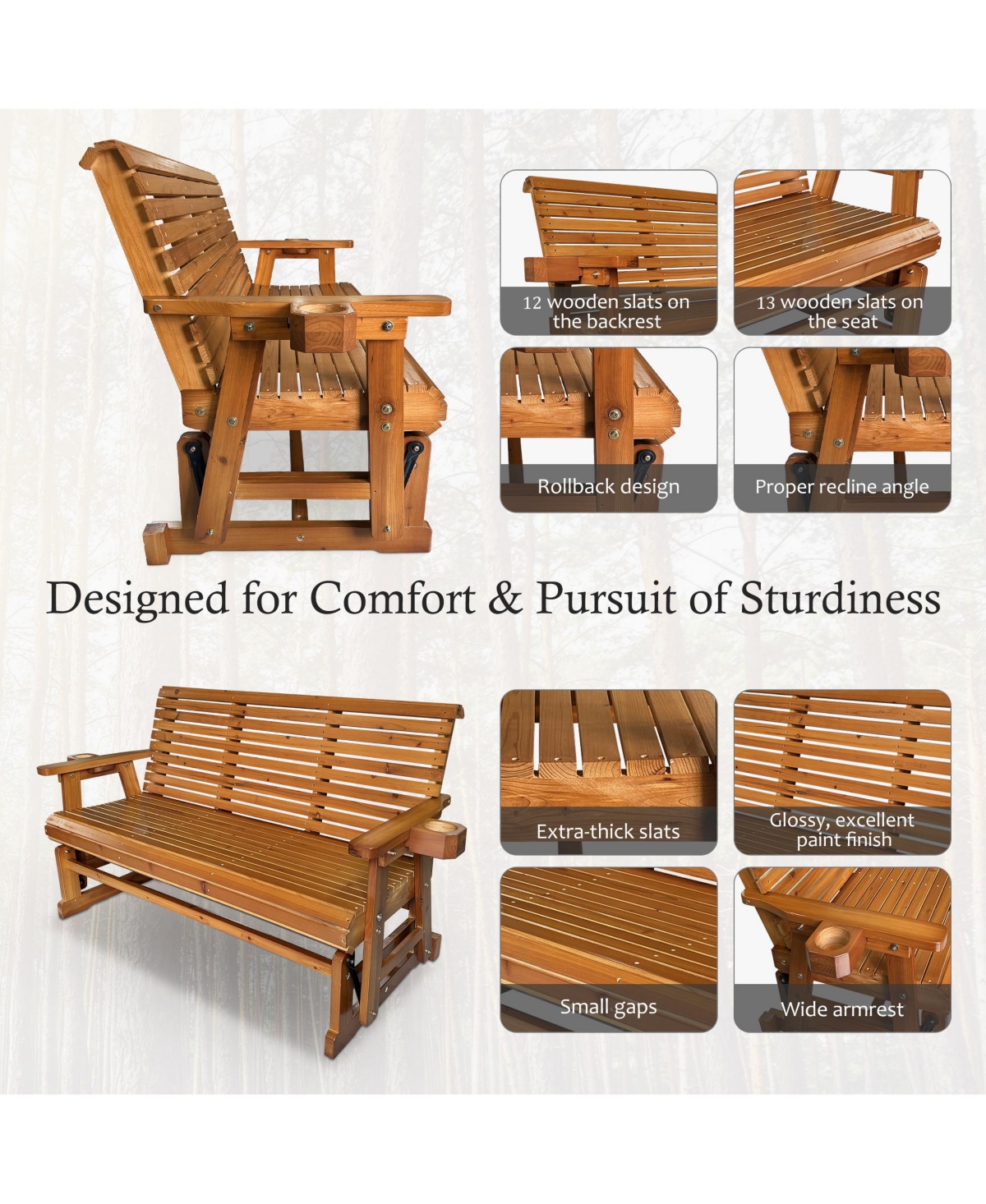 Mega Casa 5 Foot 3-Seater Patio Glider with Cup Holders, High Roll Back and Deep Contoured Seat