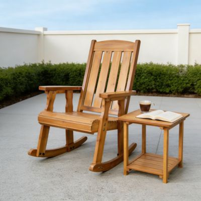Solid Fir Wood Outdoor Rocking Chair and Side Table Set, Heavy-Duty Patio Rocker with Comfortable Recline for Porch and Backyard