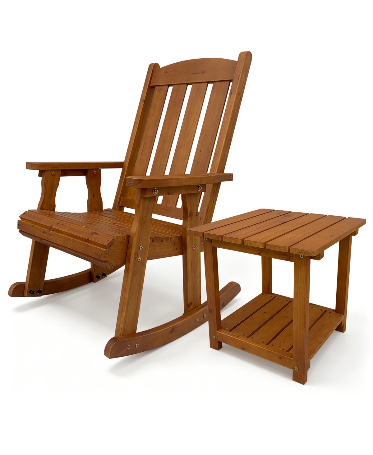 Solid Fir Wood Outdoor Rocking Chair and Side Table Set, Heavy-Duty Patio Rocker with Comfortable Recline for Porch and Backyard