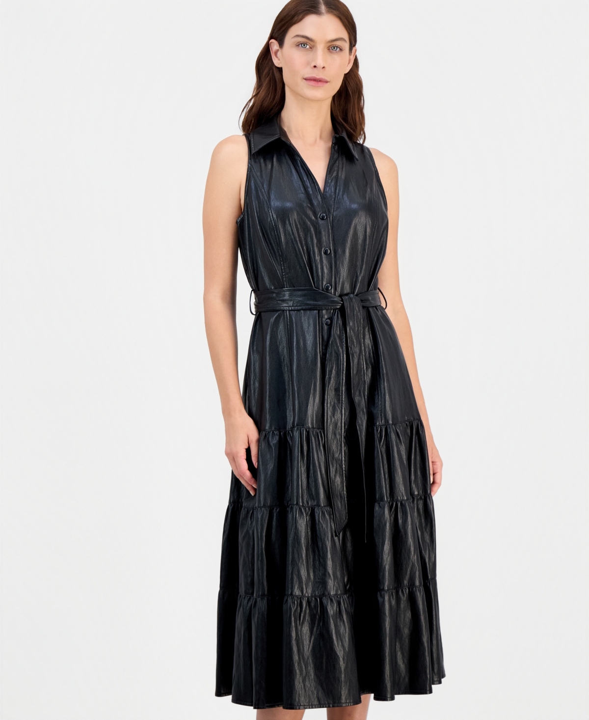 T Tahari Women's Faux-Leather Tie-Waist Tiered Maxi Dress