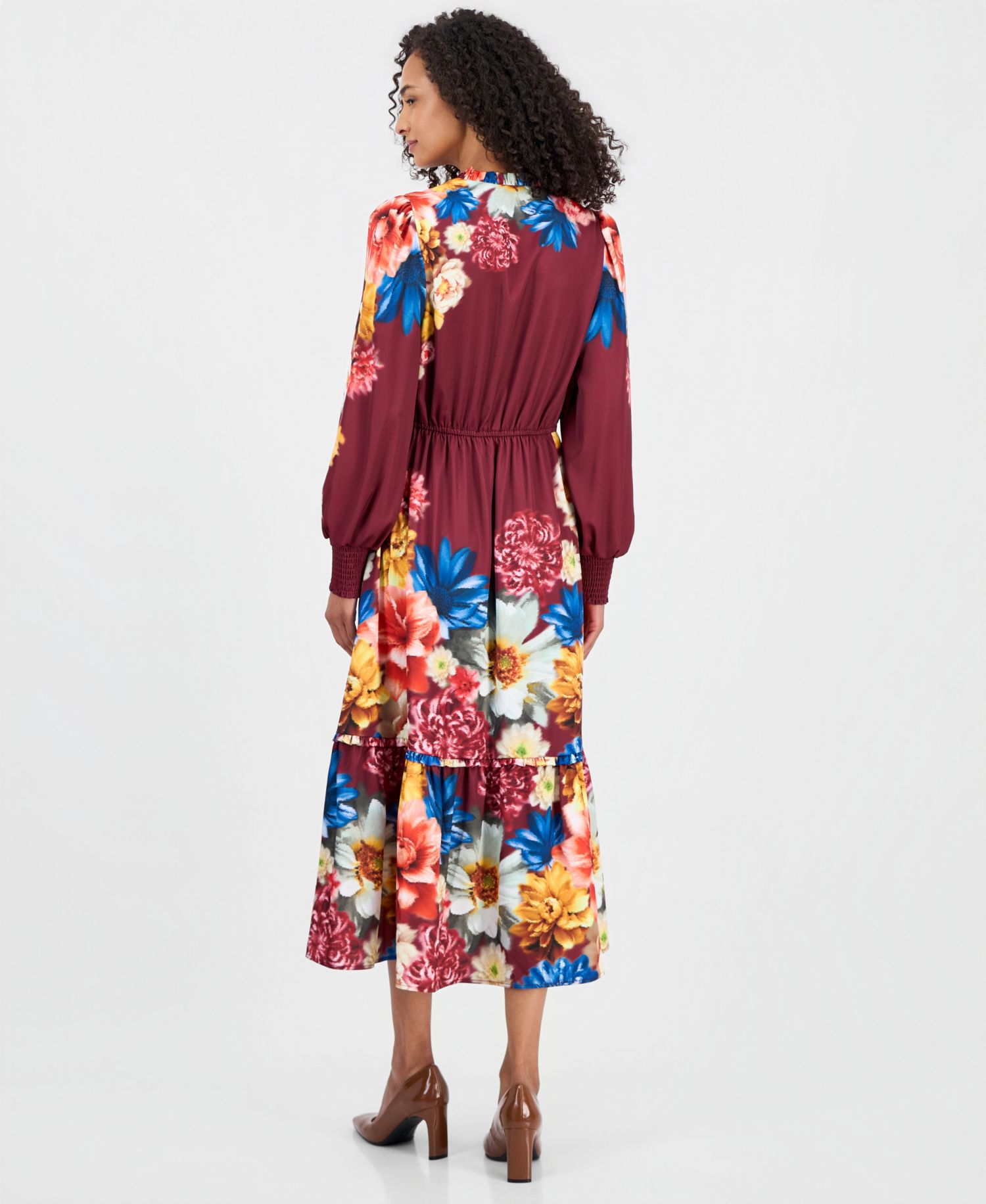 Women's Floral Long-Sleeve A-Line Midi Dress