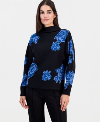 Women's Floral Jacquard Funnel-Neck Dolman-Sleeve Sweater