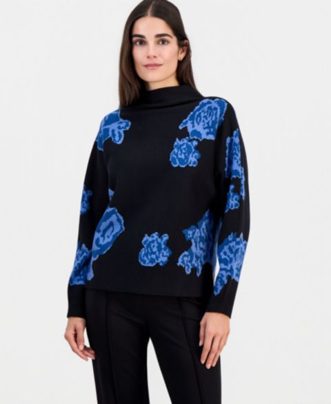 Женский свитер T Tahari Floral Jacquard Funnel-Neck Dolman-Sleeve, цвет: Чёрный / Синий