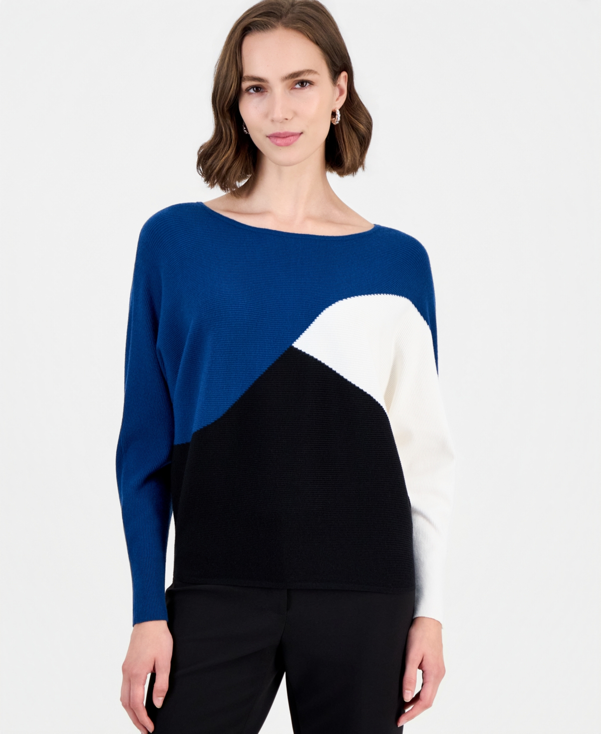 T Tahari Women's Colorblock Ribbed-Knit Crewneck Pullover