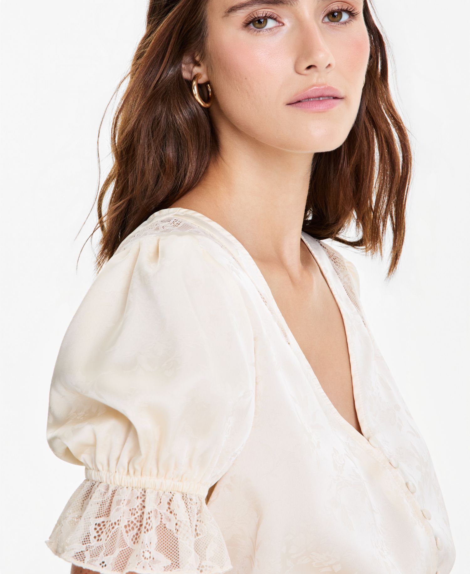 Women's Satin Puff-Sleeve V-Neck Top