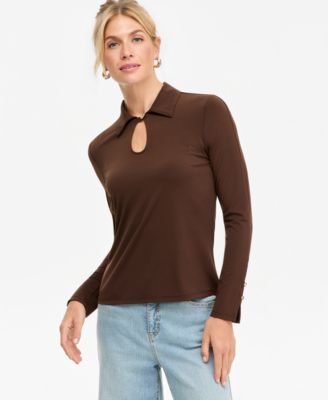 Women's Long-Sleeve Collared Keyhole Blouse