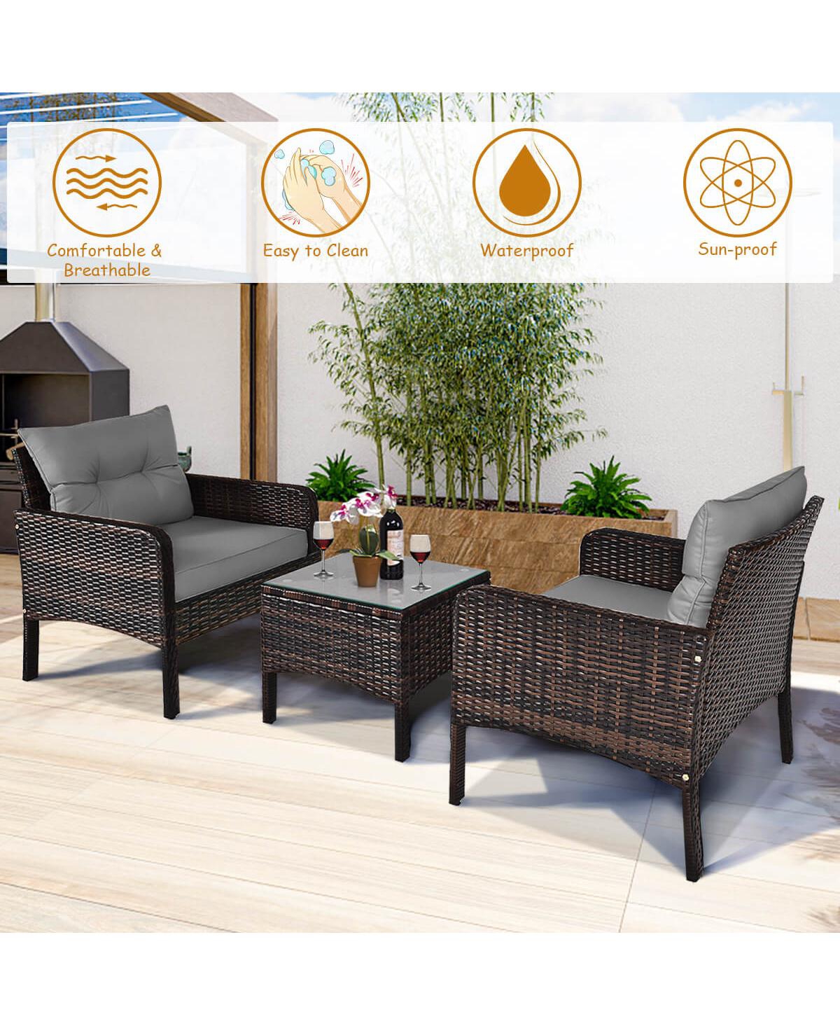 Costway 3 Pieces Patio Pe Wicker Furniture Set with Cushions and Tempered Glass Coffee Table