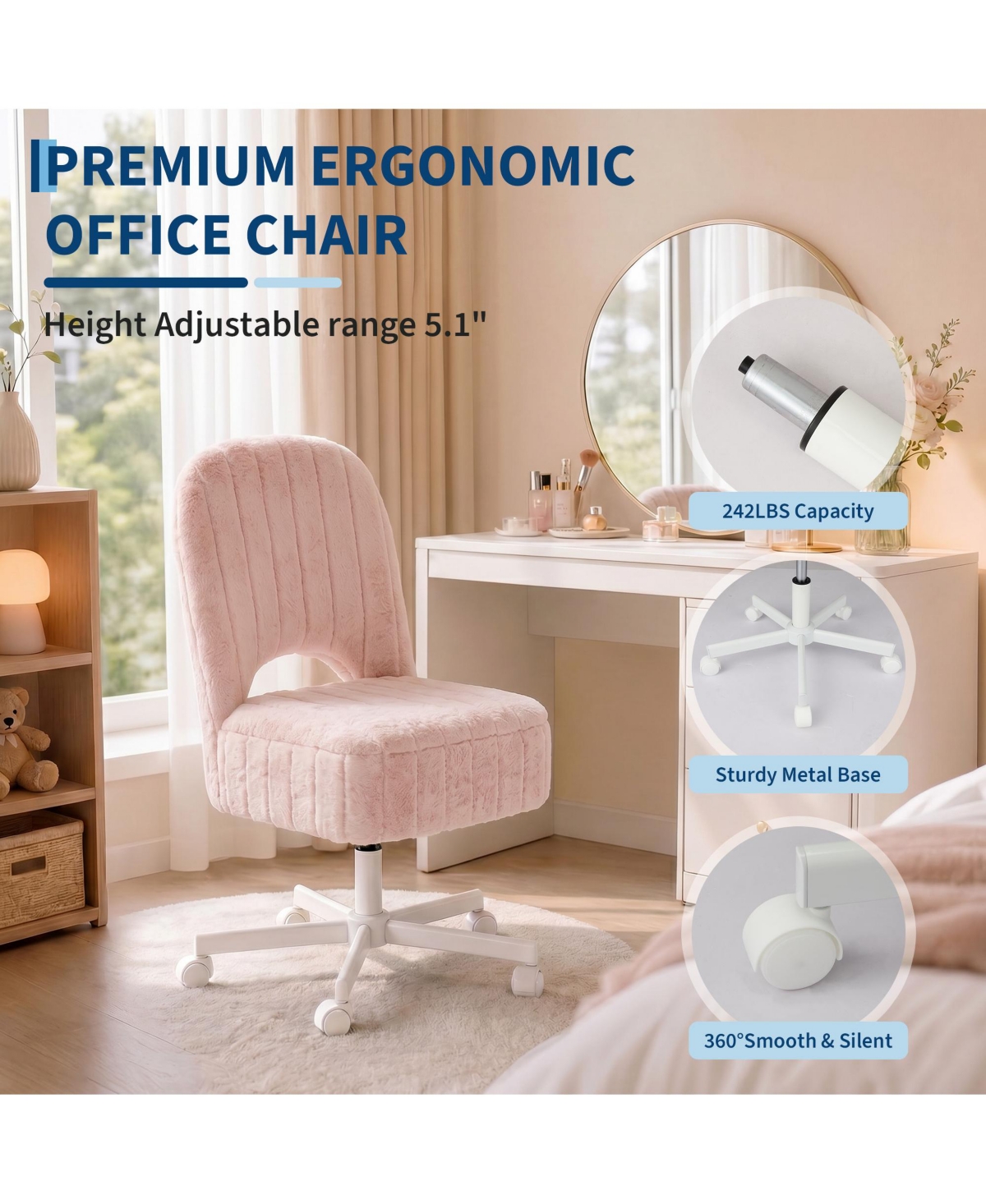homfan Small Vanity Stool Chair with Storage, Height Adjustable Lift Ottoman 360 Swivel and Wheels for Bedroom or Office