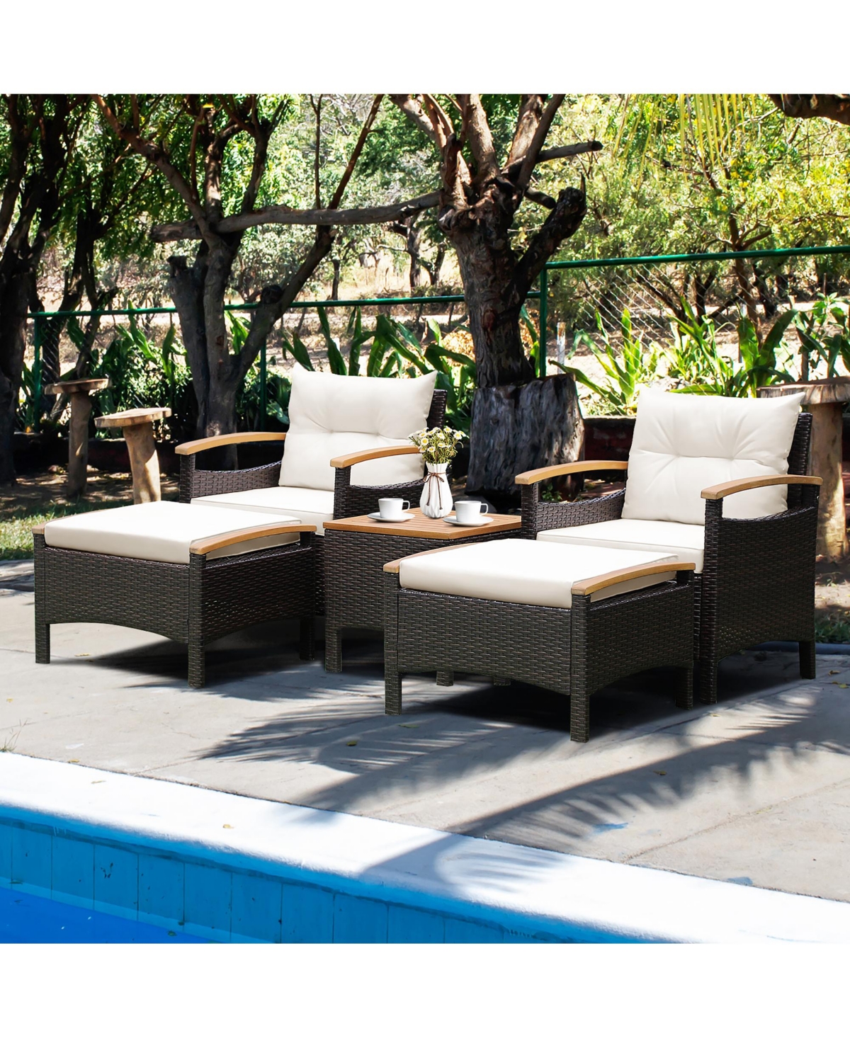 Costway 5Pieces Patio Rattan Furniture Set Sofa Ottoman Cushioned Table Wood Top