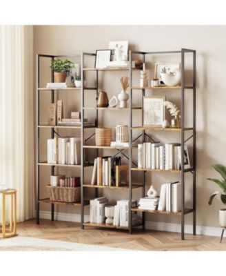 Triple Column 5-Tier Bookshelf, Rustic Industrial Style Book Shelves, Vintage Bookcase with 13 Open Storage Display Shelves