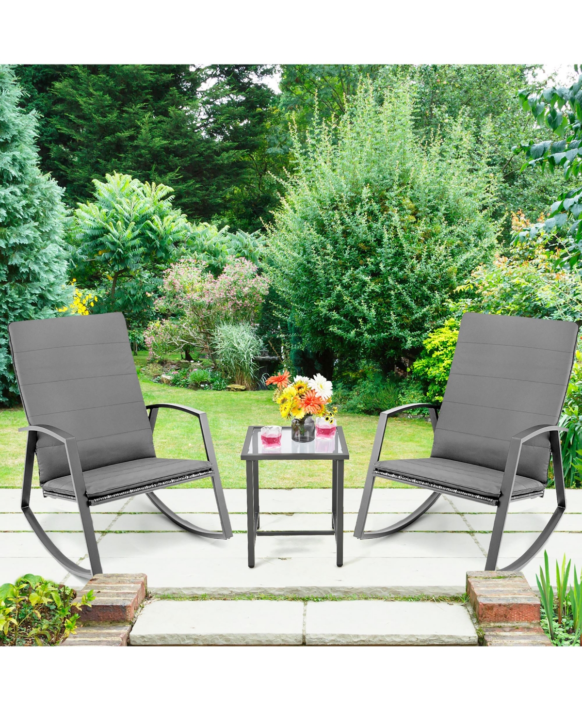 Costway 3 Piece Patio Rattan Rocking Chair Table Furniture Set Yard Cushion