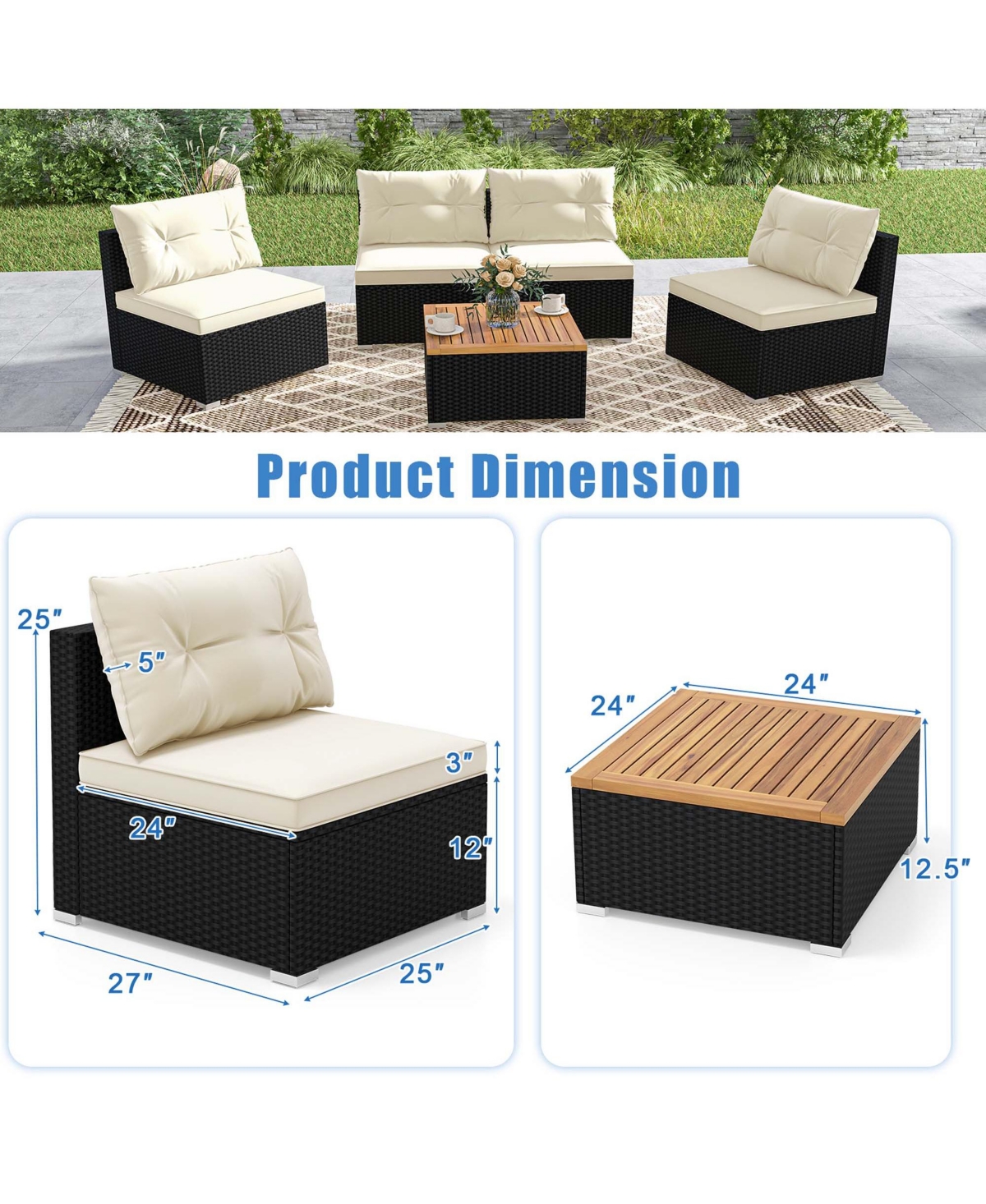 Costway 5 Piece Outdoor Furniture Set with Seat and Back Cushions Acacia Wood Tabletop