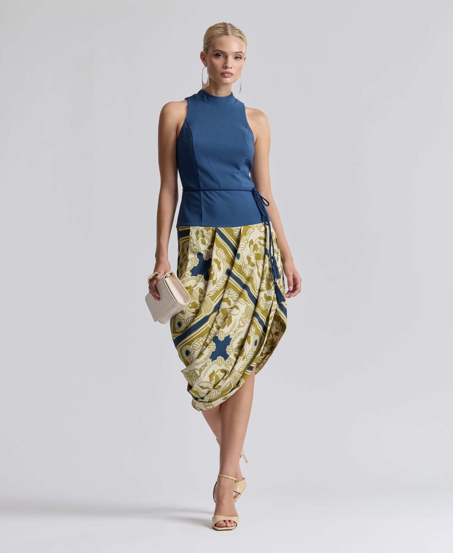 Women's Sleeveless Belted Mock-Neck Asymmetric Drape Midi Dress