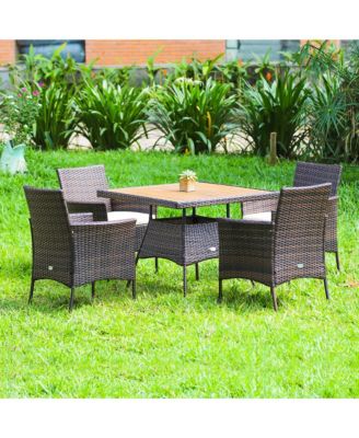 5Pieces  Patio Rattan Dining Furniture Set Arm Chair Wooden Table Top