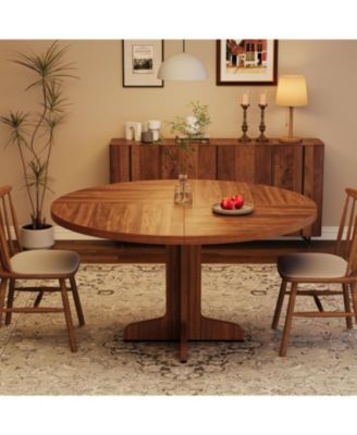 47" Round Dining Table for 4, Farmhouse Circle Kitchen Table with Wood Top and Stable Base, Walnut Finish