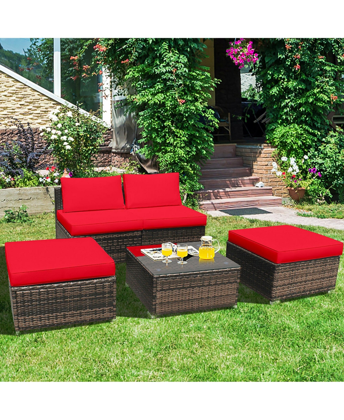 Costway 5Piece Patio Rattan Wicker Furniture Set Armless Sofa Cushioned