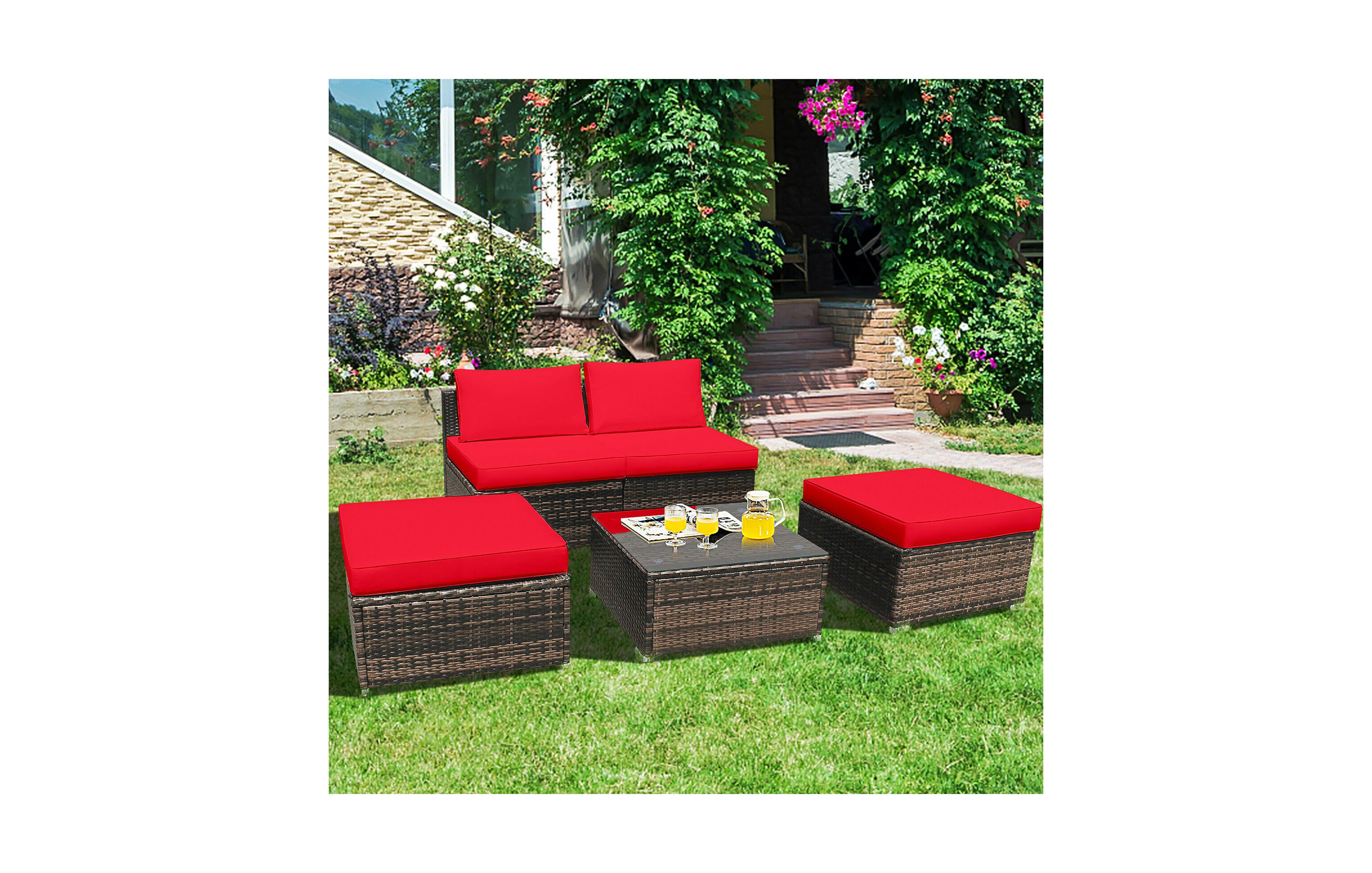 Costway 5Piece Patio Rattan Wicker Furniture Set Armless Sofa Cushioned