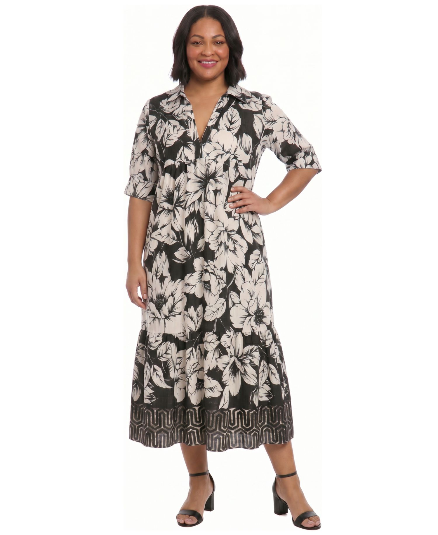 Plus Size Collared Placement Print Dress