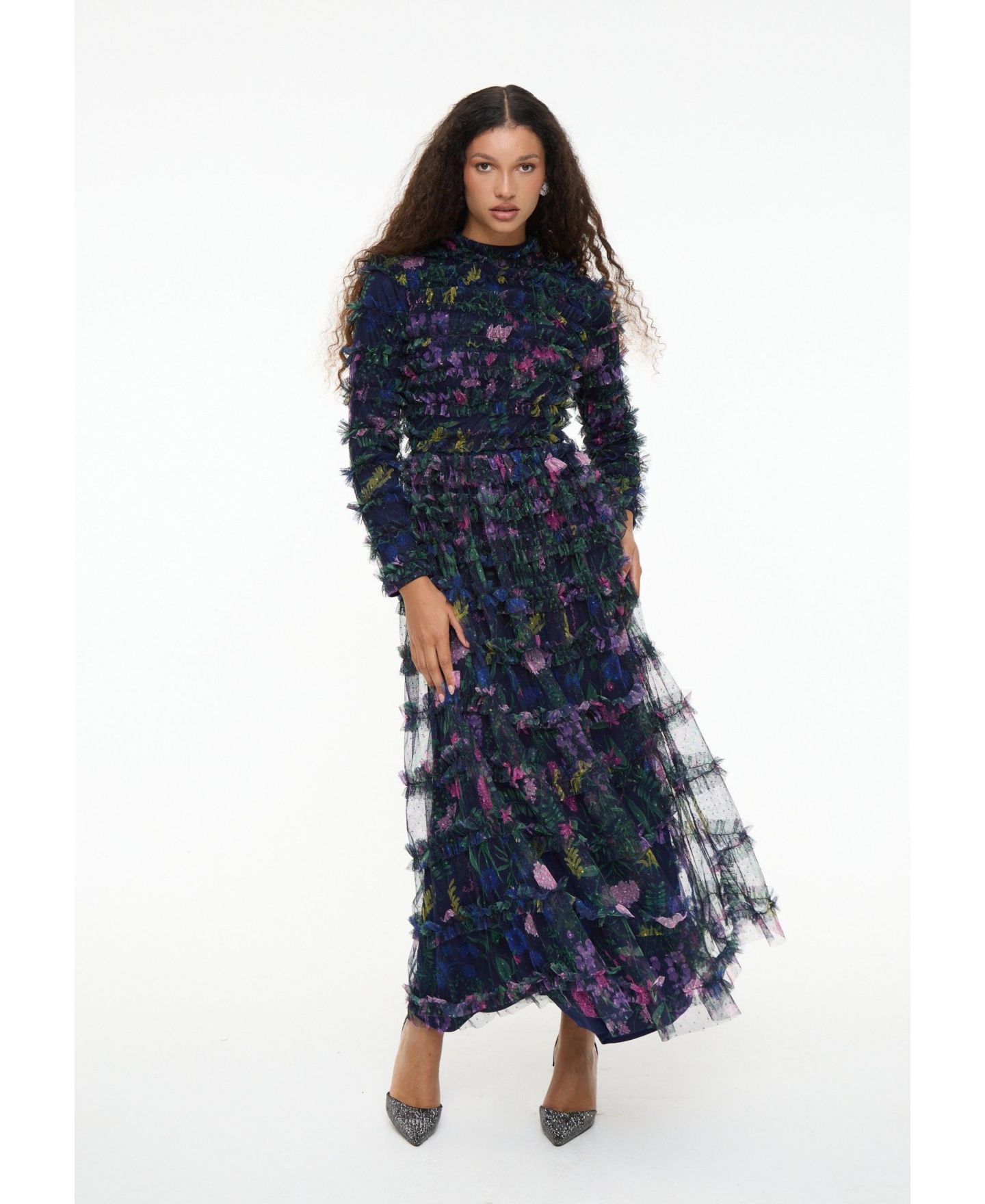Женское платье Maryisa Modest Floral Ruffle High Neck Maxi, цвет: Ночной синий — фото 5