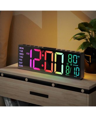 10.5 Inch Digital Large Alarm Clock   with 8 RGB Colors Date Month Temperature Auto DST Back Night Light Plug in Memory Battery