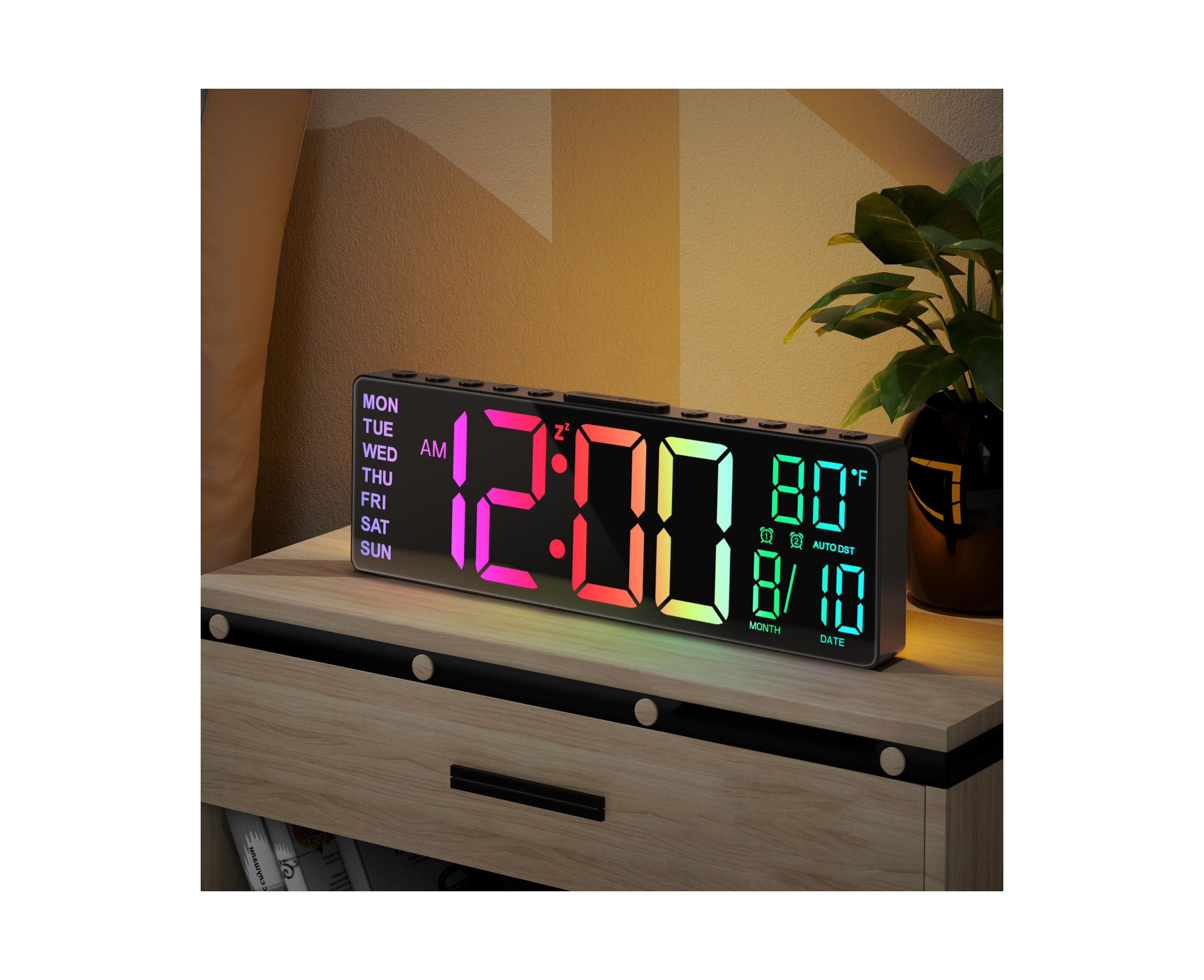 Jall 10.5 Inch Digital Large Alarm Clock with 8 Rgb Colors Date Month Temperature Auto Dst Back Night Light Plug Memory Battery