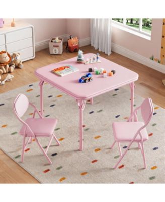 Kids Folding Table and Chairs Set, 23.8 Inch Square Table with Pu Cushion and Metal Frame for Playroom or Bedroom