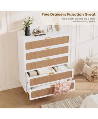 Modern Rattan 5 Drawer Dresser White Deep Storage Wide Top for Bedroom