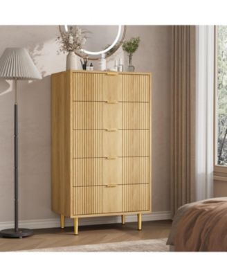 5 Drawer Wooden Fluted Tall Dresser with Metal Handles