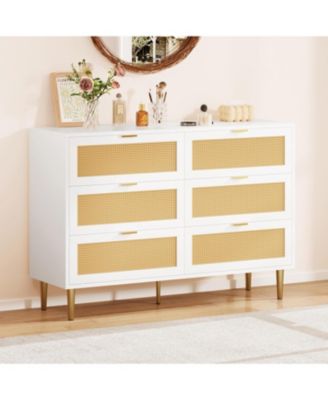 Rattan 6 Drawer Dresser for Bedroom Large Wood Chest with Gold Legs Modern Double Dresser