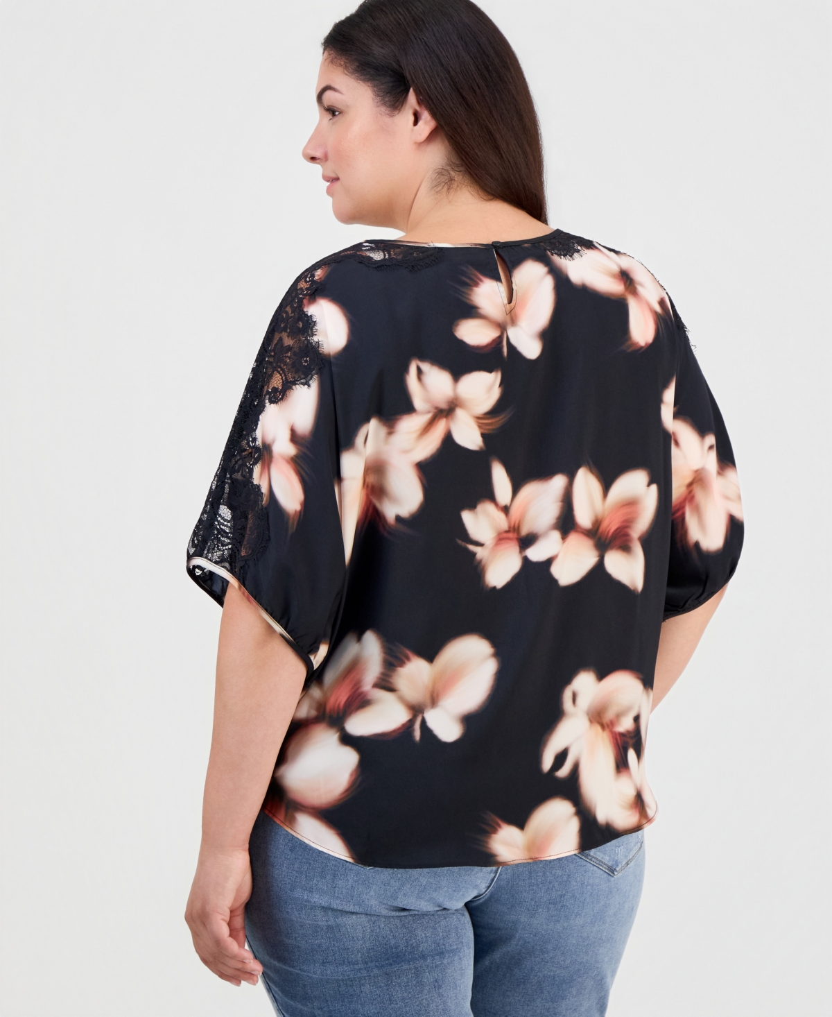 Democracy Plus Inset Lace Dolman Floral Blouse