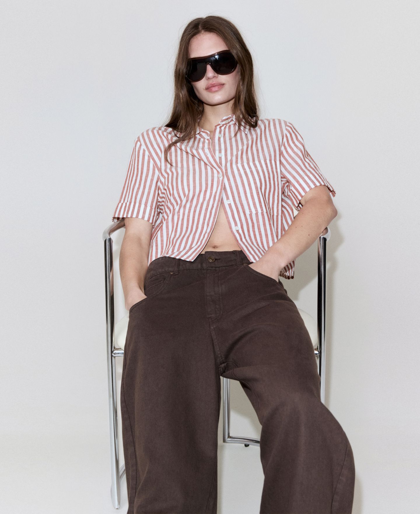 Женская рубашка Mango Striped Cotton Linen, цвет: Тёмно-бордовый — фото 5