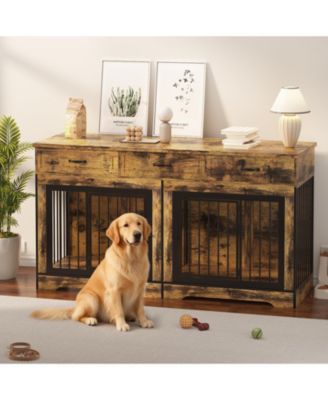 Spacious Dual Dog Crate Furniture for 2 Medium/Large Dogs, Heavy Duty Wooden Indoor Kennel with 3 Drawers, End Table and TV Stand.