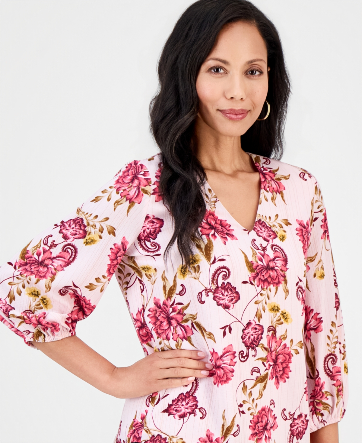 Jm Collection Women's Garden Floral V-Neck 3/4-Sleeve Top, Macy's Exclusive