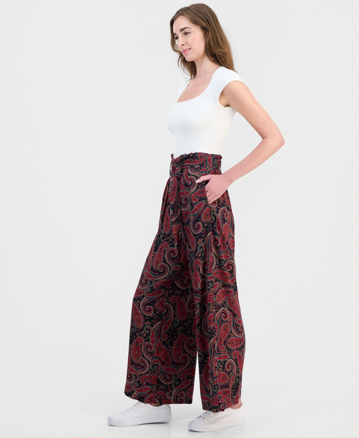 Women's Paperbag-Waist Paisley Pants