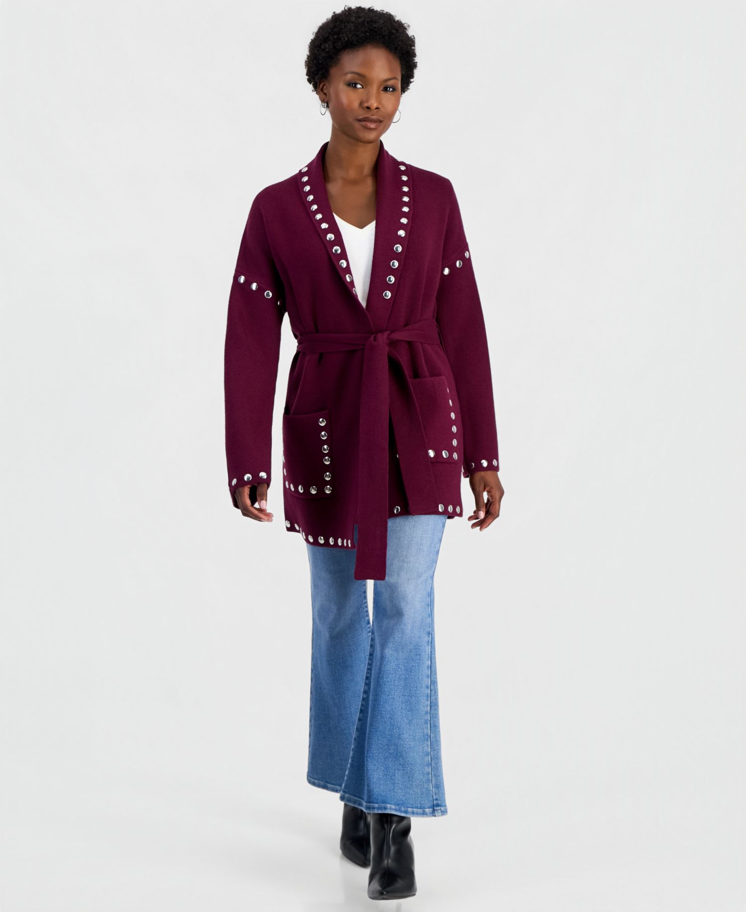 Petite Studded Belted Cardigan