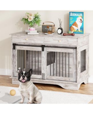 Dog Crate Furniture, Dog Kennel with Storage Drawers and Sliding Barn Door, with Detachable Divider, Dog Cage End Table for 2 Medium Dogs