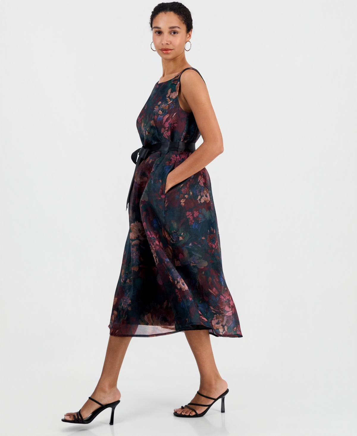 Connected Women's Floral-Print A-Line Midi Organza Dress