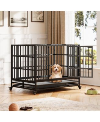 Folding Dog Crate with Wheels, Heavy Duty Metal Dog Kennel with Double Door and Removable Tray for Small Medium Large Breed