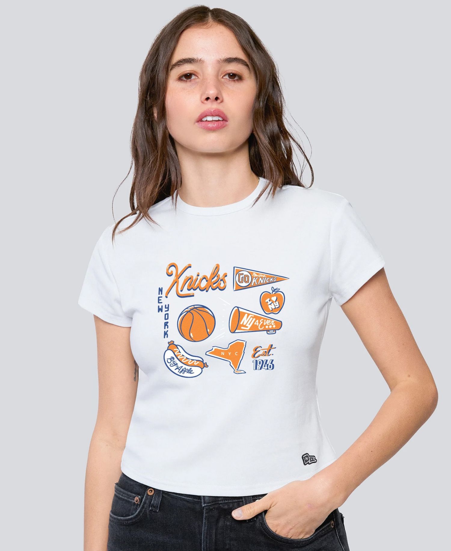 Women's White New York Knicks Cropped Baby T-Shirt