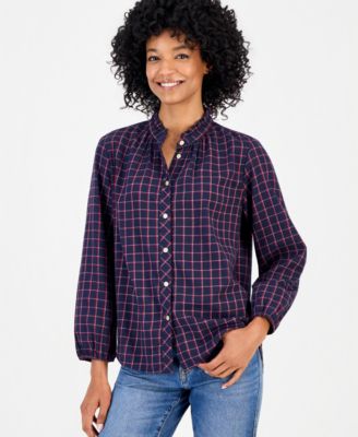 Women's Cotton Puff-Sleeve Flannel Shirt