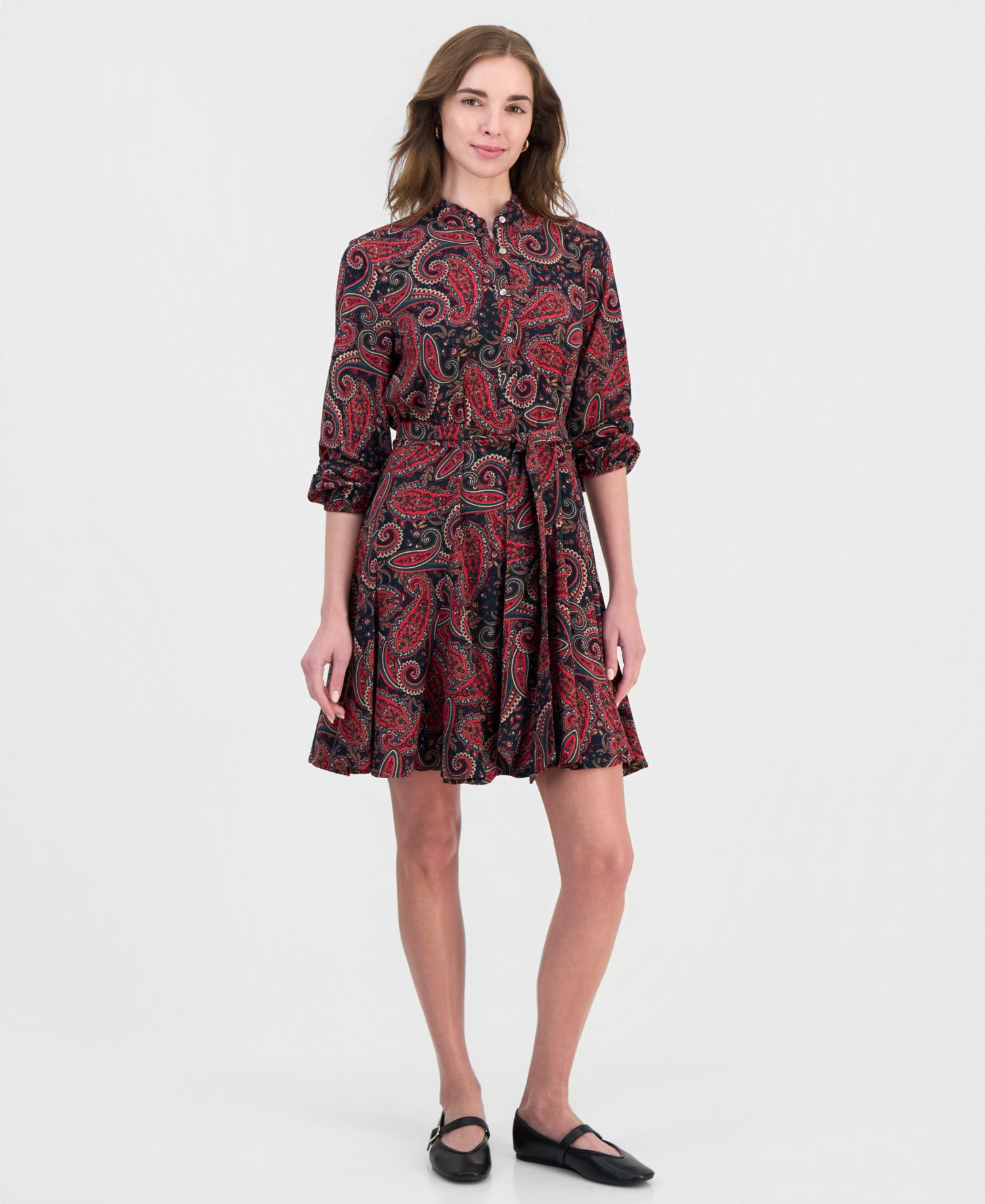 Women's Paisley Ruffle-Neck 3/4-Sleeve Shirtdress
