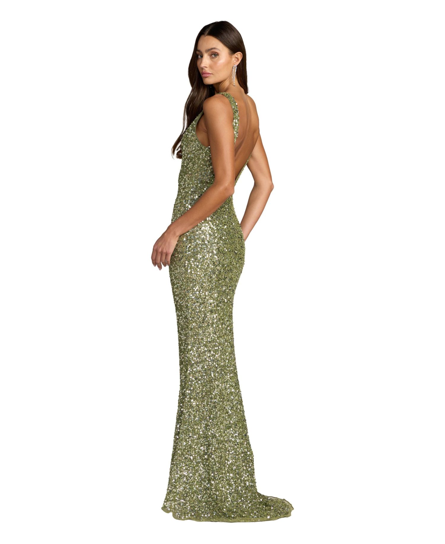 Petite High Neck Sequin Column Gown with Open Back