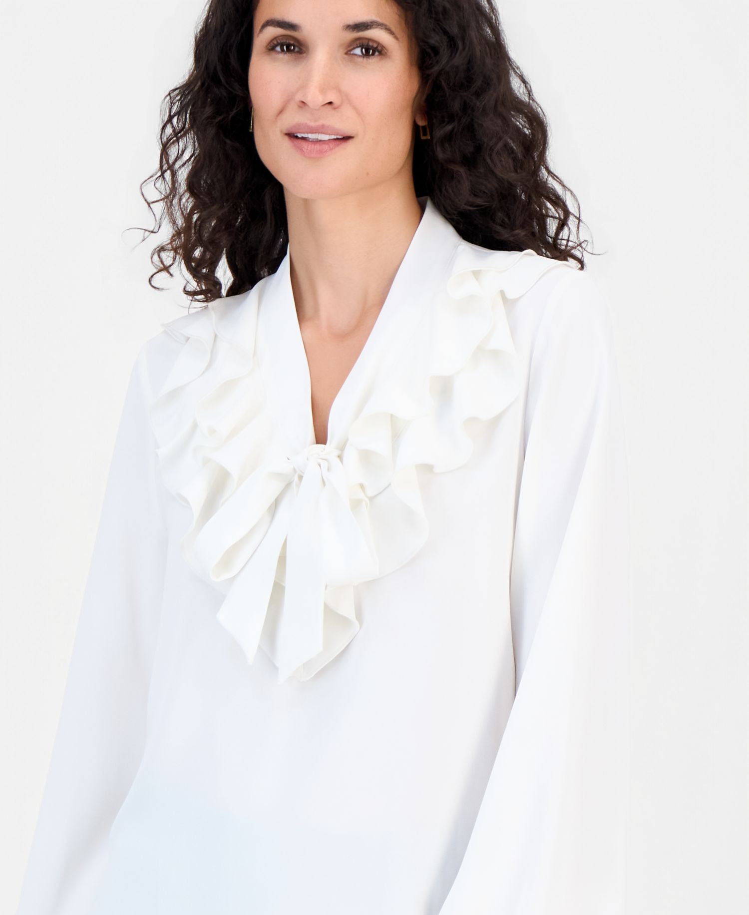 Women's Ruffle-Neck Tie-Front Long-Sleeve Blouse