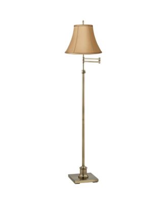 Traditional Swing Arm Floor Lamp Adjustable Height 70" Tall Antique Brass Tan Bell Shade Brown Trim for Living Room Reading