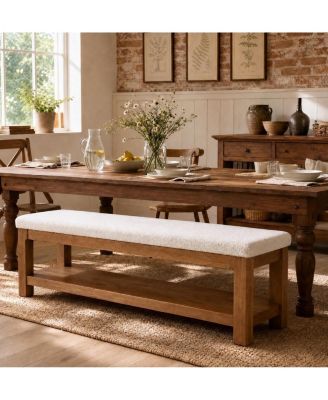 Solid Wood Dining Bench with Sturdy Frame, Farmhouse Upholstered Bench with 2-Tier Storage Shelf for Dining Room, Living Room, Hallway