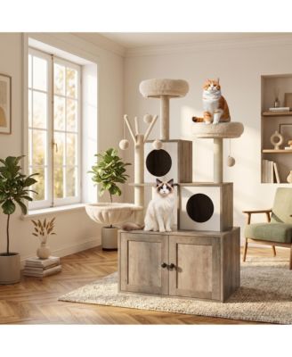 2-in-1 Cat Litter Box Enclosure with Tower, Scratching Post, Soft Perch, Multi-Level Platforms & Cat Toy for Indoor Use