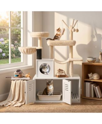 2-in-1 Cat Litter Box Enclosure with Tower, Scratching Post, Soft Perch, Multi-Level Platforms & Cat Toy for Indoor Use