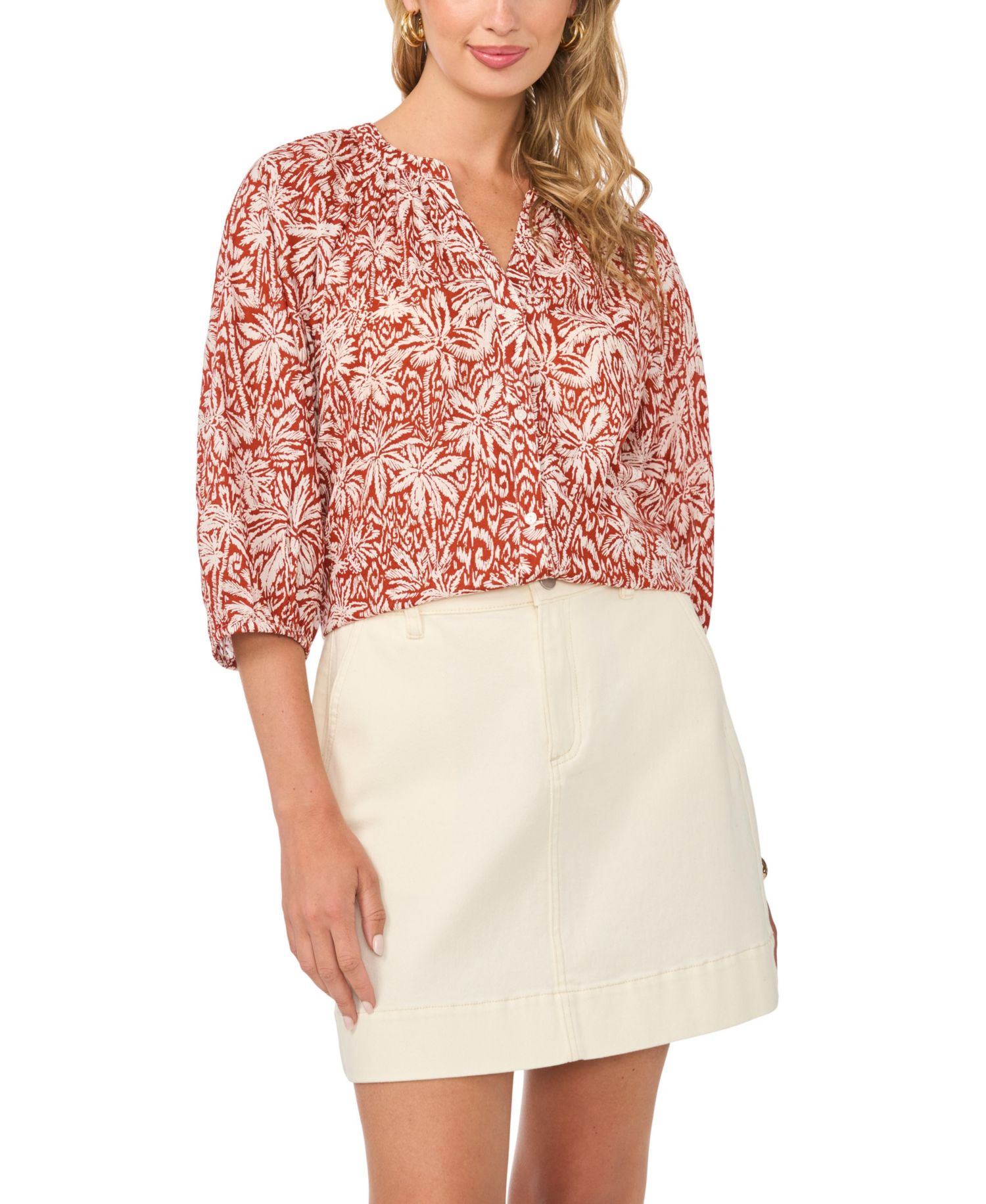 Women's Cotton Printed Raglan-Sleeve Peasant Blouse