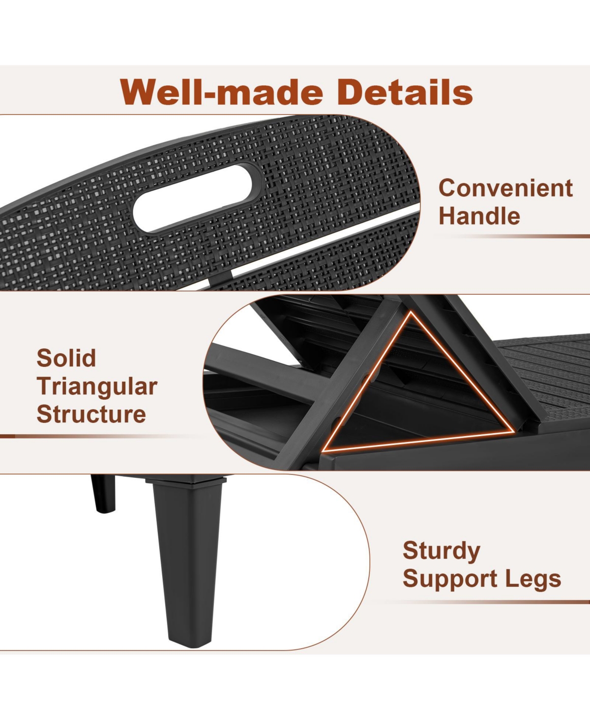 Sugift Set of 2 Pp Chaise Lounge Chairs with 4-Position Backrest and Carry Handle