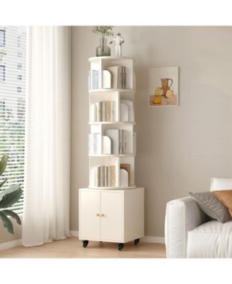 5-Tier Rotating Bookshelf with Double Door Drawer, Slim Wooden Corner Storage Cabinet for Home